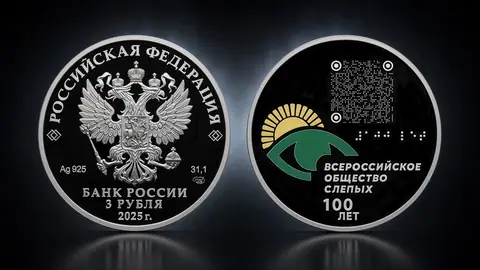 Монета 3 рубля 2025 «100-летие Всероссийского общества слепых»