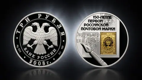 Монета 3 рубля 2008 «150 лет первой почтовой марки» — серебро
