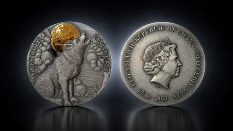 "Дикая природа в лунном свете: Серый волк" 2021 г. 15,55 г. ч серебра. Гана