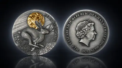 "Дикая природа в лунном свете: Заяц" 2021 г. 15,55 г. ч серебра. Гана