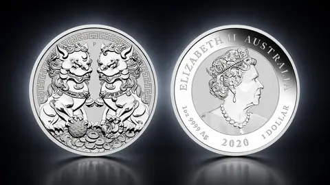 "Двойной Лев Пиксиу" 2020 г. 31,1 г ч. серебра. Австралия
