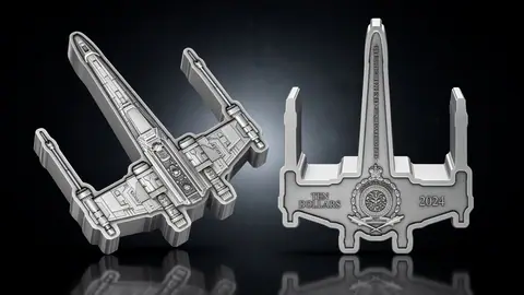 "Истребитель. Т 65 X WING. Звездные войны" 2024 г.,  93,3 г ч. серебра. Ниуэ