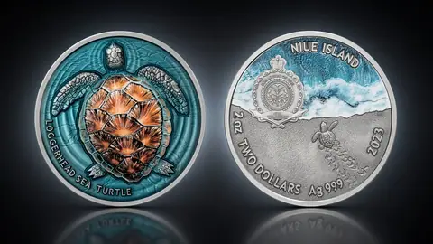 "Логгерхедская морская черепаха" 2023г. 62,2 г. ч. серебра. Ниуэ