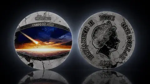 Метеоритная железная монета "Кампо-дель-Сьело" 2020г. 31,1 г.ч. серебра. Ниуэ