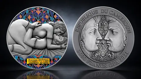 "Моменты Любви. Камасутра" 2021 г., 93,3 г ч. серебра. Камерун