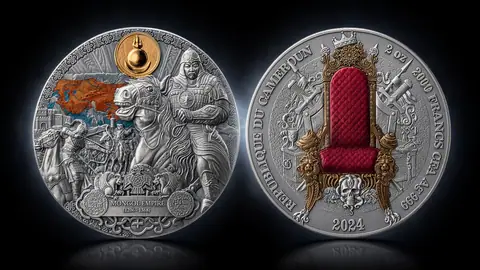"Монгольская Империя. Наследие величайших империй" 2024 г., 62,2 г ч. серебра. Камерун