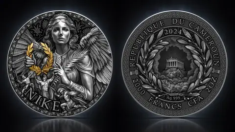 "Ника. Великая греческая мифология" 2024 г., 62,2 г. ч. серебра. Камерун