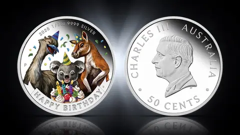 "С днем рождения" 2025г. 15,55 г.ч. серебра. Австралия