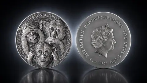 "Три мудрые обезьяны" 2022 г., 31,1 г ч.серебра. Гана
