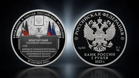 "Вхождение в состав Российской Федерации Донецкой Народной Республики, Луганской Народной Республики, Запорожской области и Херсонской области" 31,1 г. ч. серебра. Россия