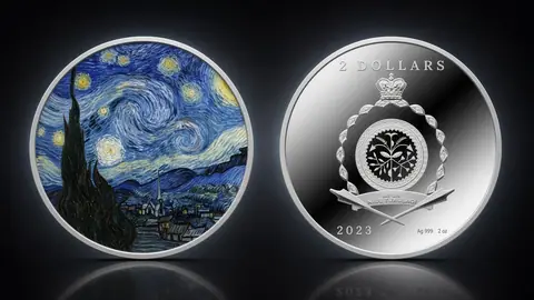 "Винсент Ван Гог 170 лет. Звездная ночь" 2023 г., 62,2 г ч. серебра. Ниуэ