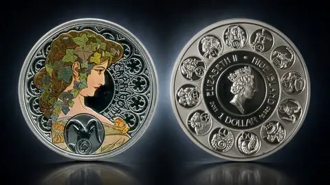 "Зодиак Альфонса Мухи - Козерог" 2010г. 28,28 г.ч. серебра. Ниуэ